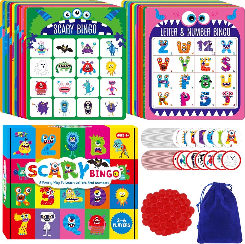 SpriteGru Monster Theme Bingo Game, Uppercase Letters & Numbers Learning, Alphabet ABC and 123 Bingo Board Game for Kids, Preschoolers, Perfect for Classroom & at Home (Up to 12 Players) - Image 1